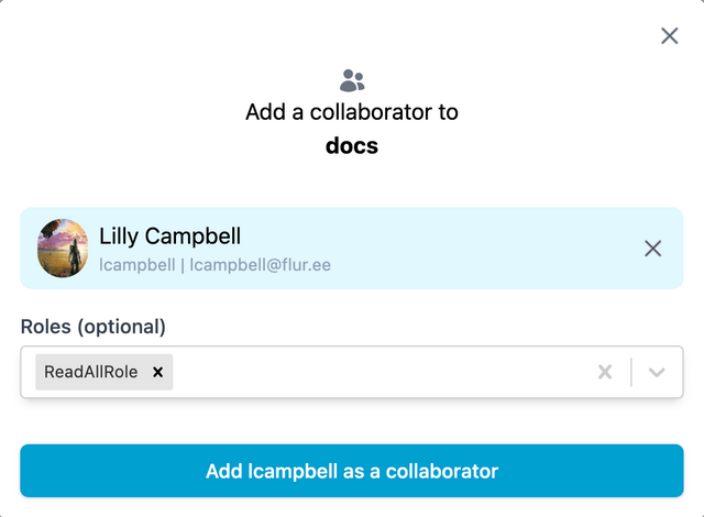 A view of the modal for adding a collaborator to your dataset