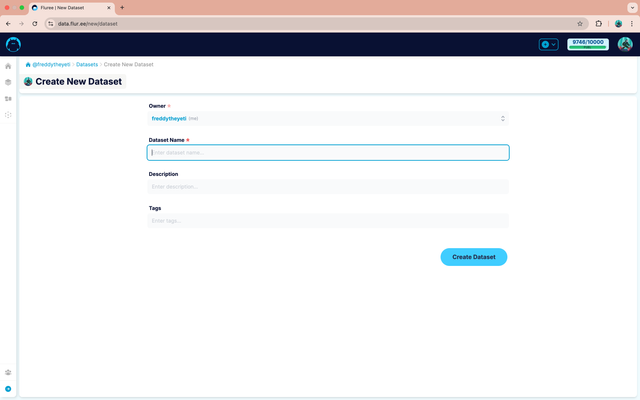 Screen showing the Create New Dataset form.