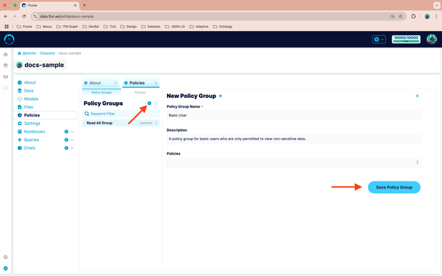 A view of the Policies tab with the Policy Groups menu and Policy Group Editorshowing