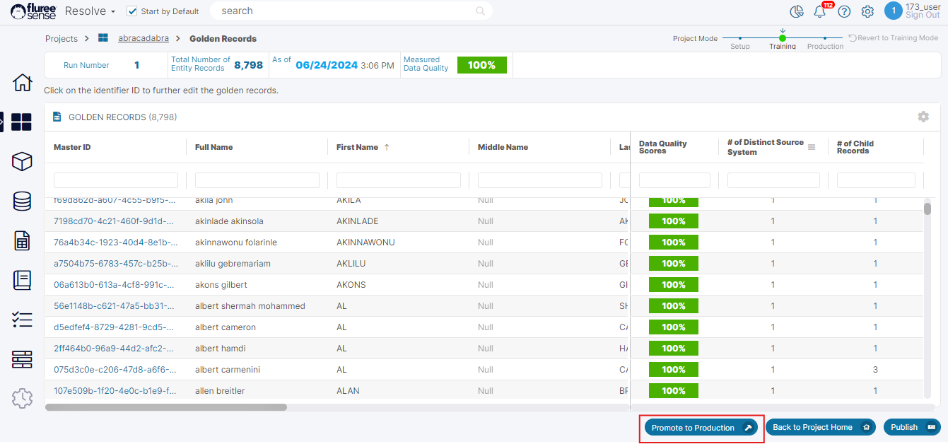 Promote Project to Production from Golden Records screen